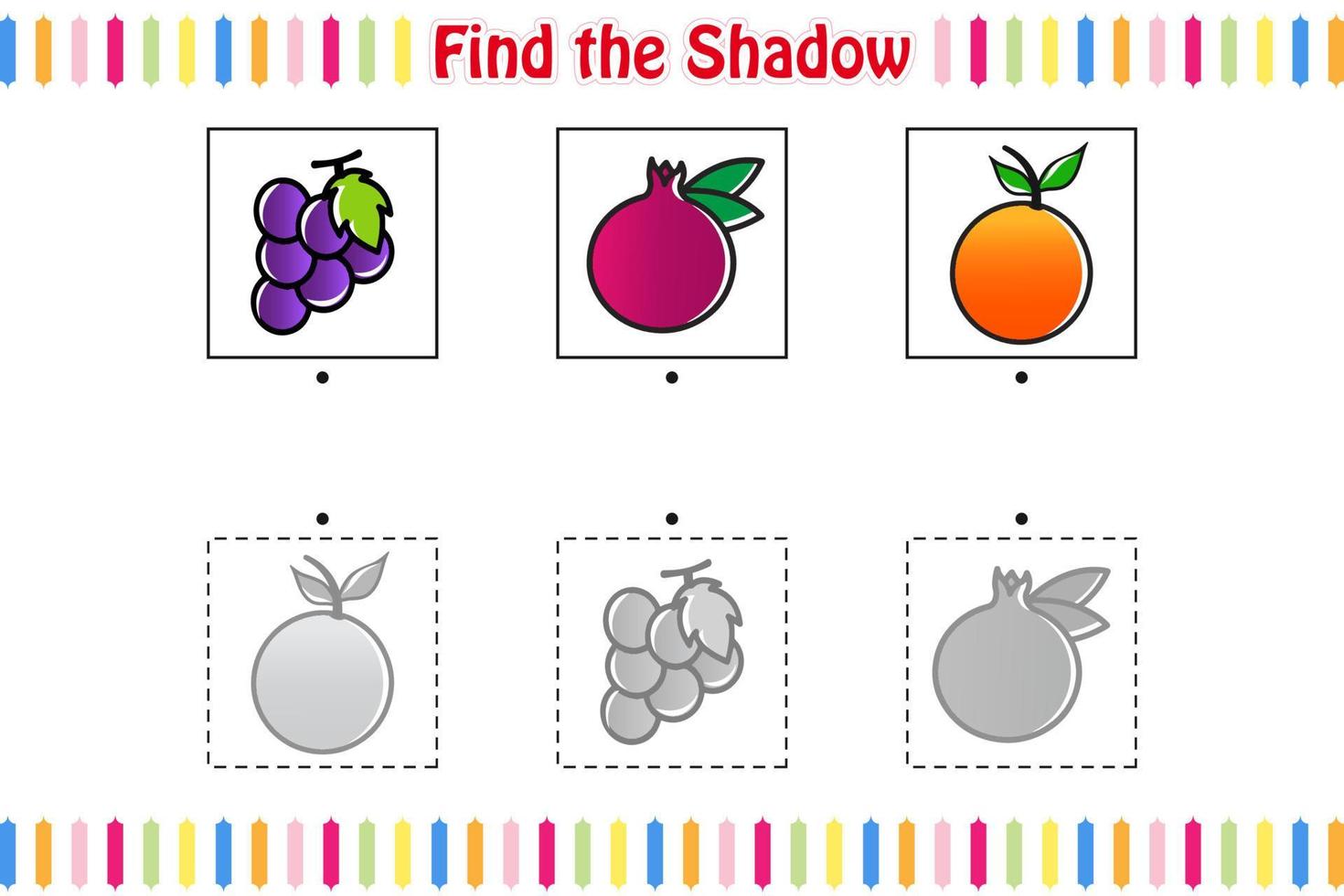 Find the correct shadow, Find and match the correct shadow, Educational children game printable worksheet vector illustration