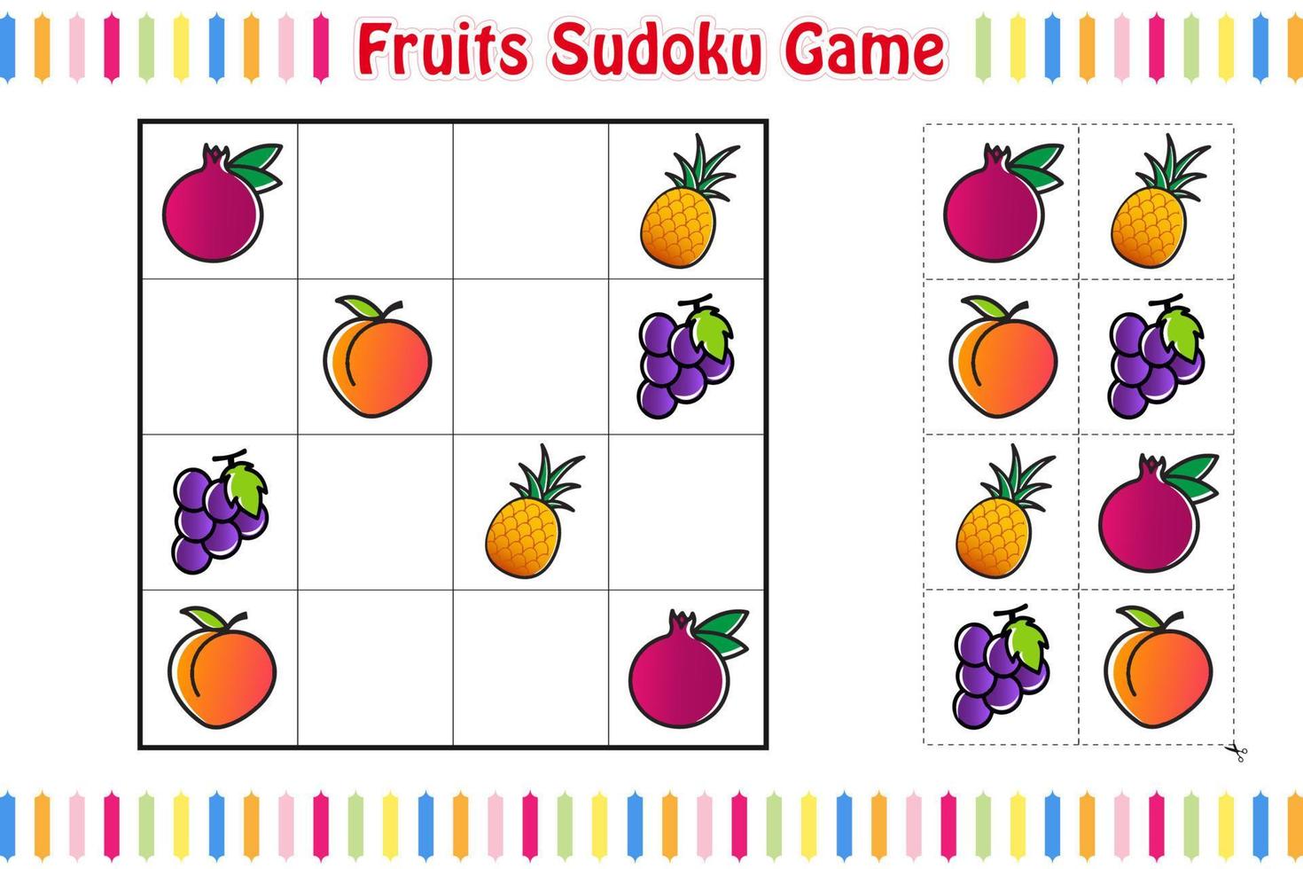 Fruits Sudoku Game, Educational children game printable worksheet, Vector isolated illustration.