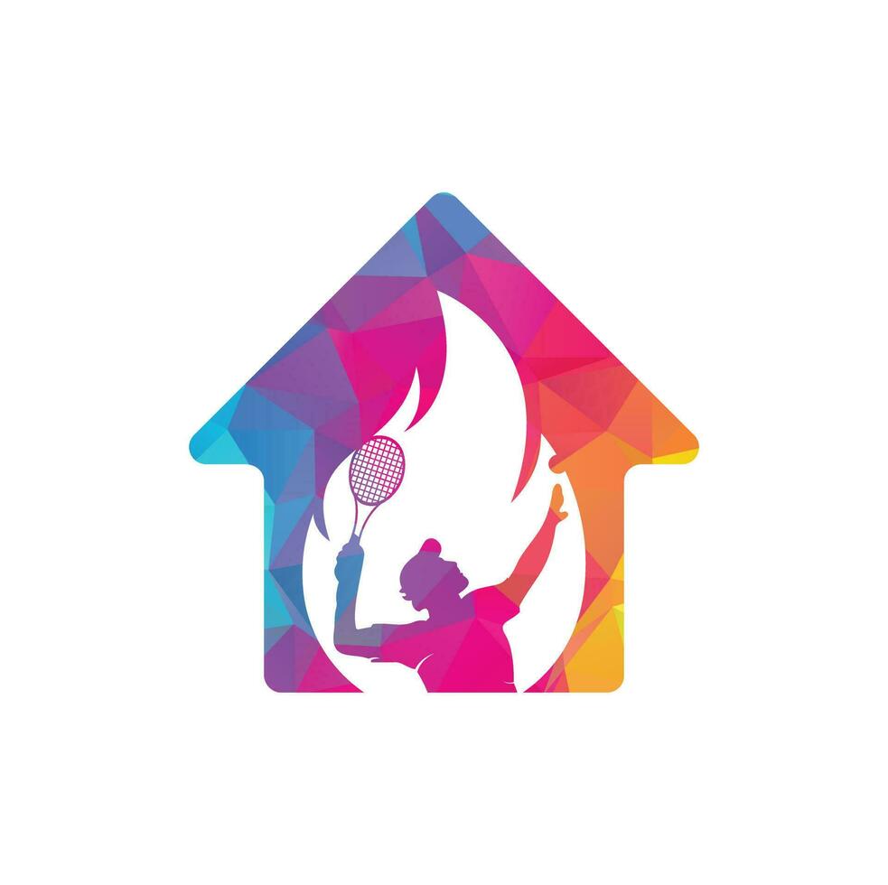 Fire and tennis player home shape logo icon design template. Tennis sports vector logo design.