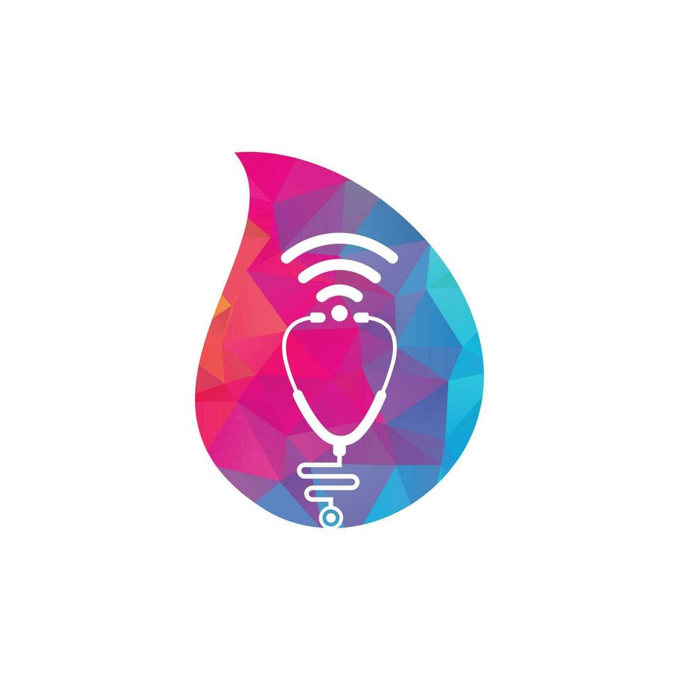 Diseño de icono de logotipo de forma de gota wifi de estetoscopio. estetoscopio con icono de señales wifi vector