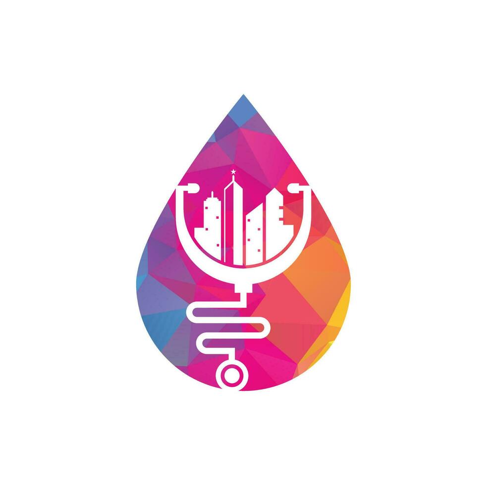 Medical city drop shape vector logo template. stethoscope and city vector. City medicine logo