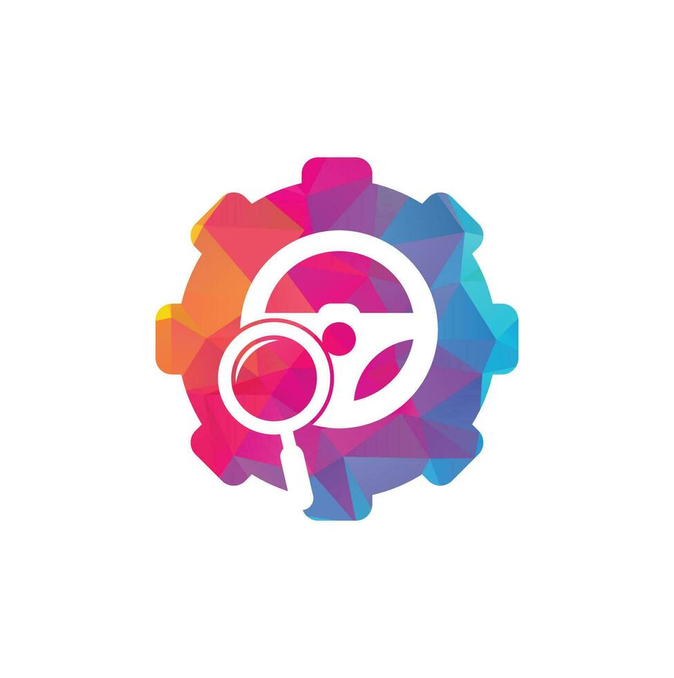 Search drive gear shape concept logo template. Search drive logo design icon vector. Steering wheel and magnifying symbol or icon. vector