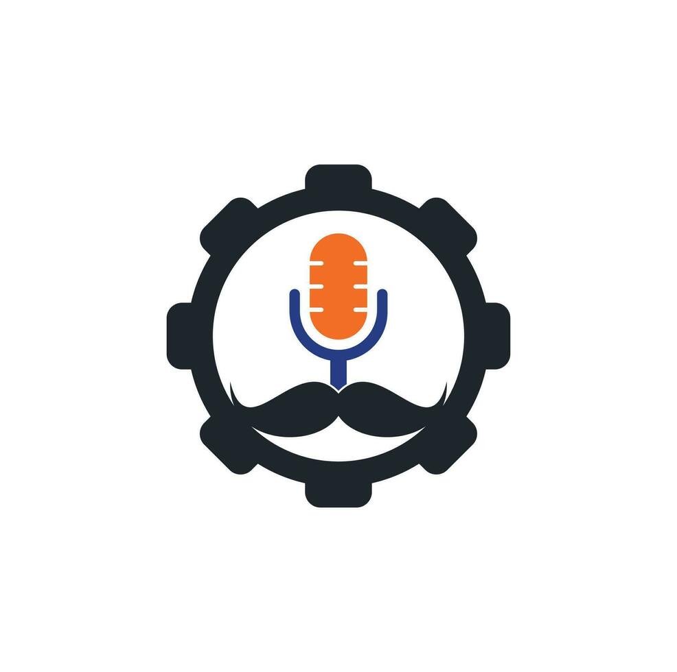 Strong podcast gear vector logo design template. Gentleman podcast logo design template. Mustache podcast icon.