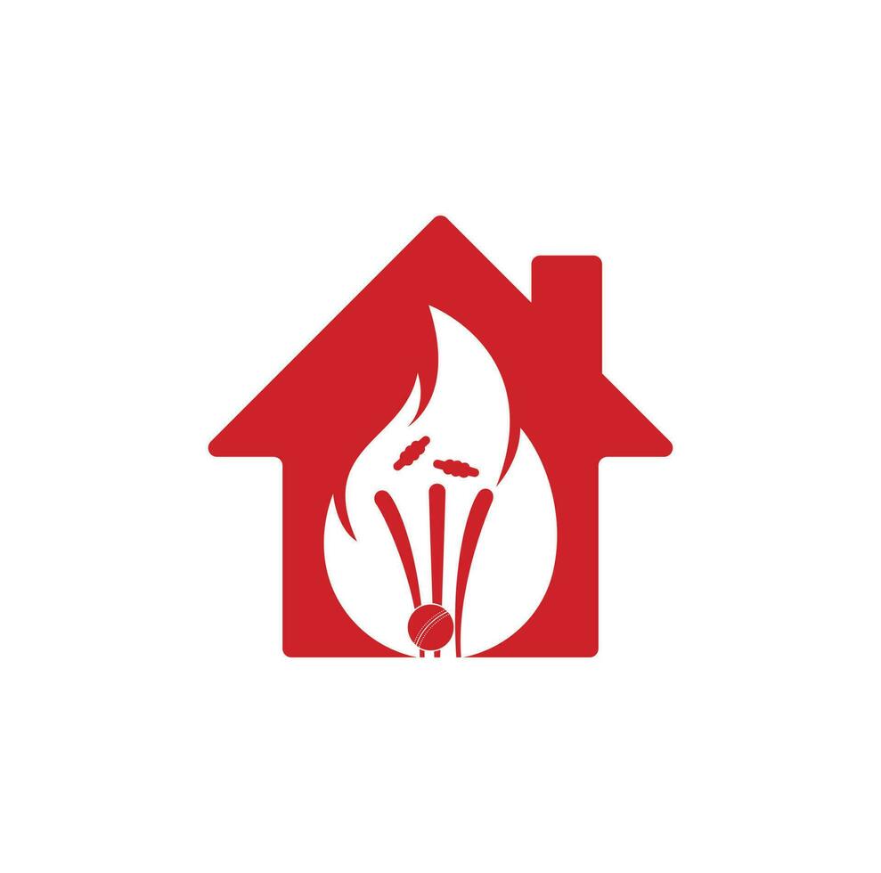 Fire wickets and ball logo . Fire cricket home vector logo design.