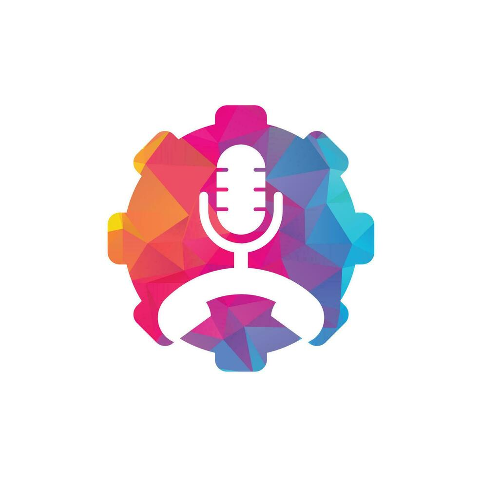 Llame al elemento de diseño del logotipo del icono del concepto de forma de engranaje de podcast. diseño de logotipo de podcast de teléfono vector