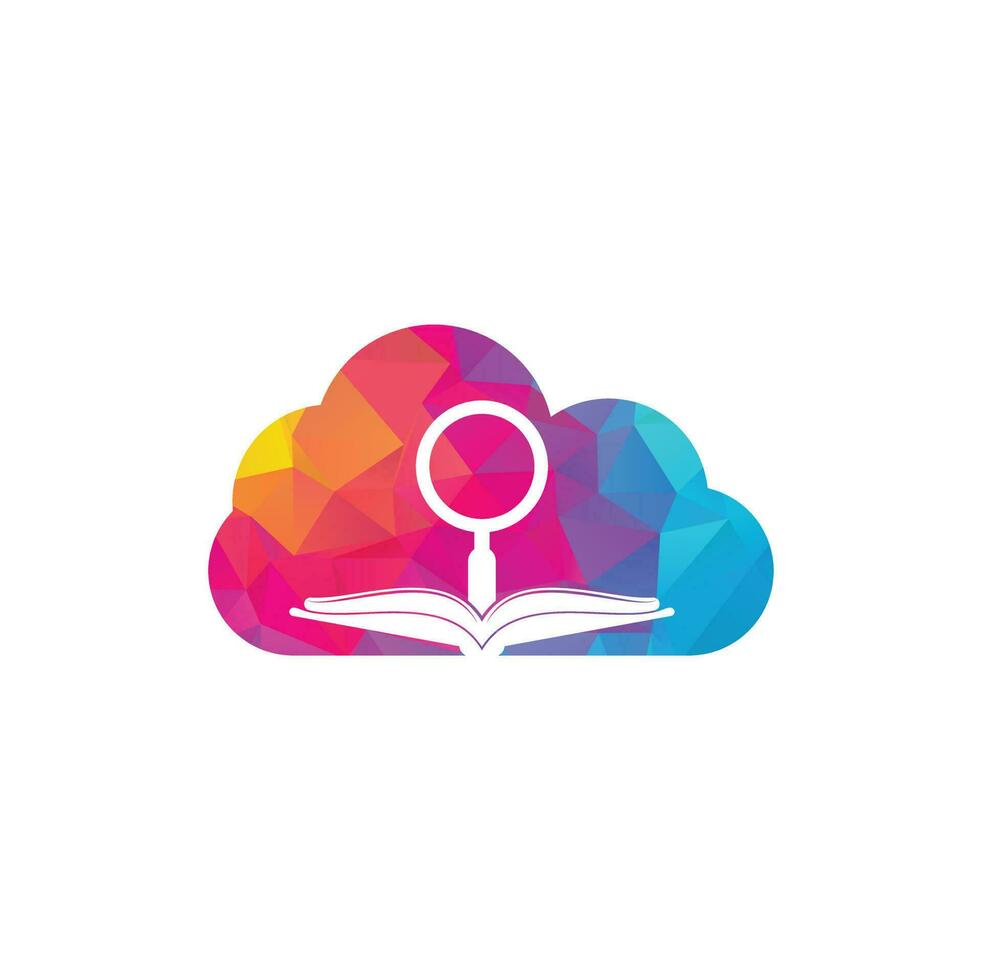 vector de diseño de plantilla de logotipo de concepto de forma de nube de búsqueda de libros. encuentre la plantilla de diseño del logotipo del libro. icono de libro con combinación de lupa