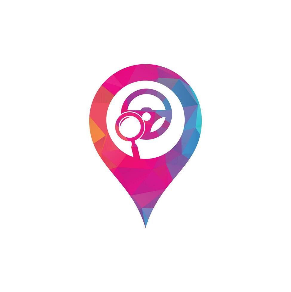 Search drive gps shape concept logo template. Search drive logo design icon vector. Steering wheel and magnifying symbol or icon. vector