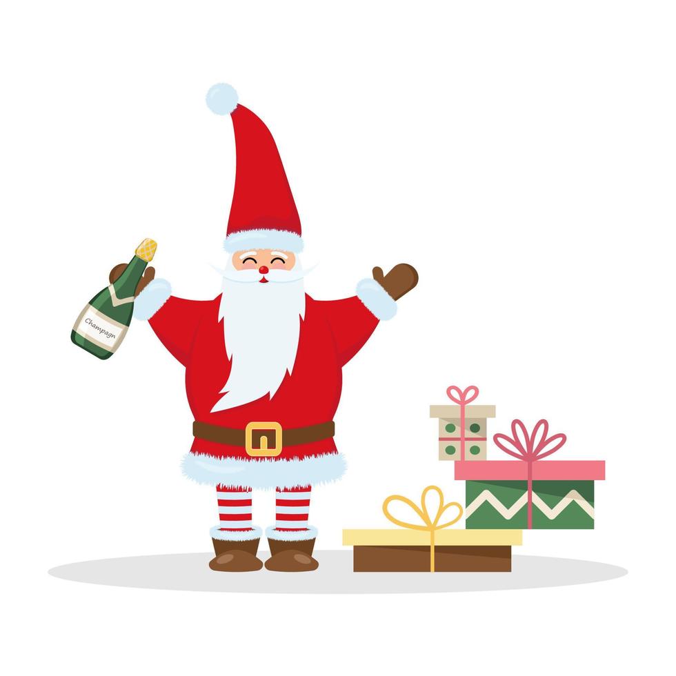 Cheerful Santa Claus with champagne and gifts. vector illustration