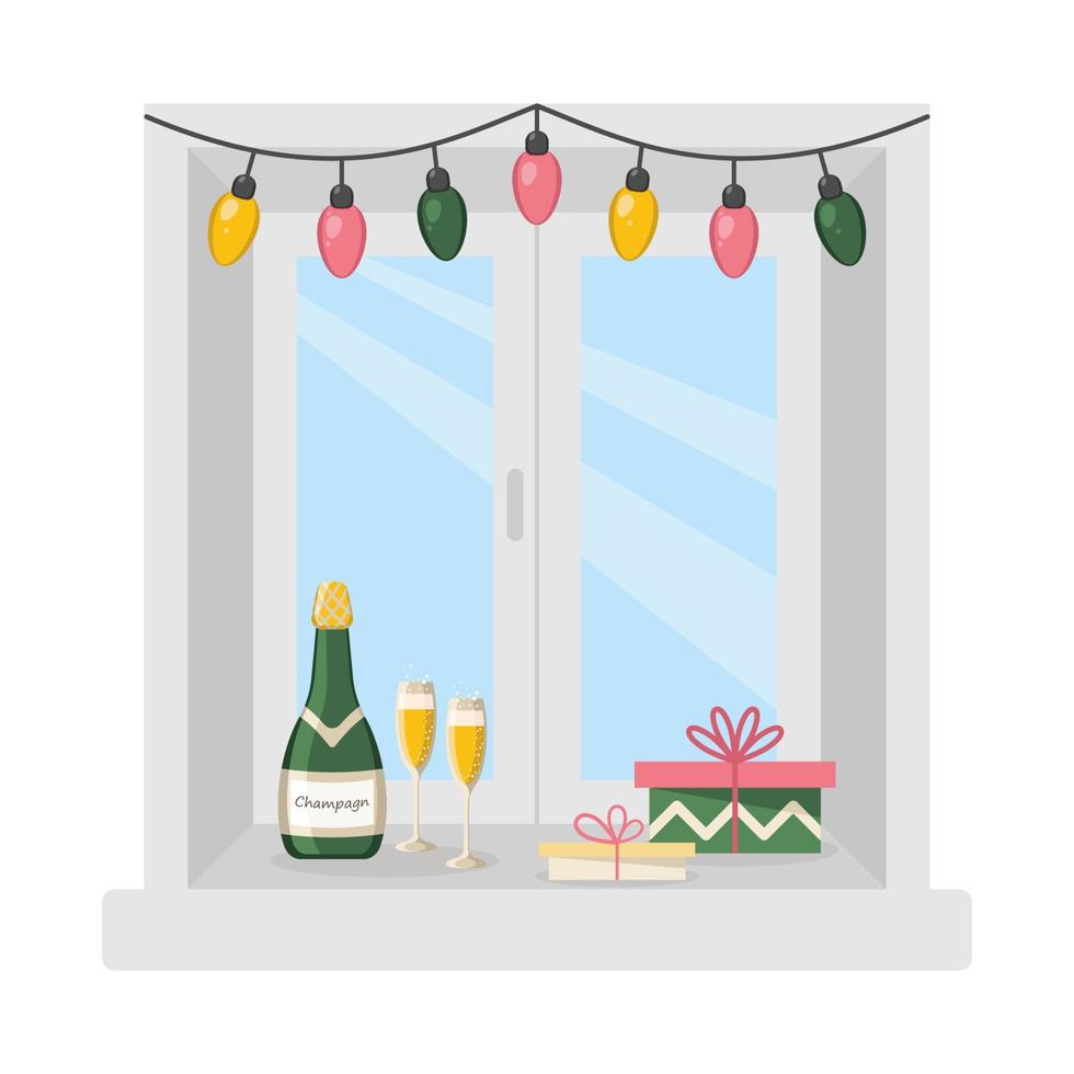 Champagne and gifts are on the window. vector illustration