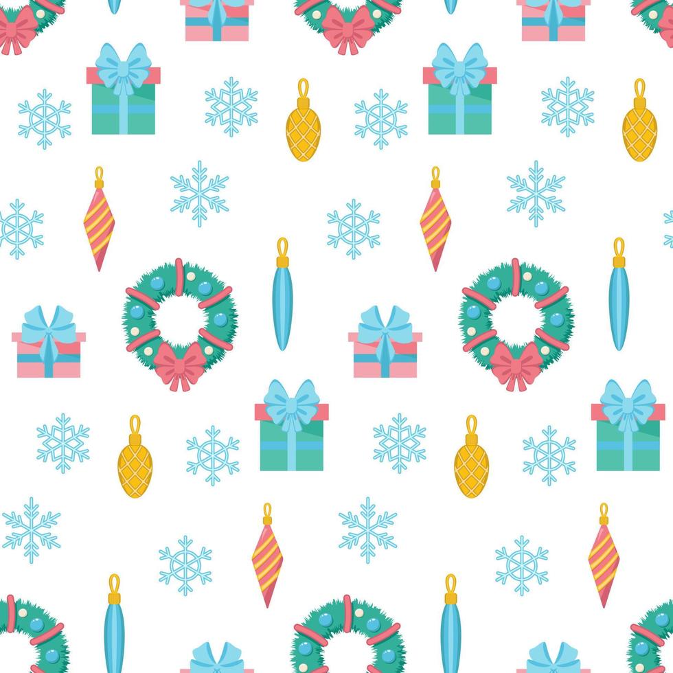 Seamless Christmas pattern with wreaths and gifts. vector illustration