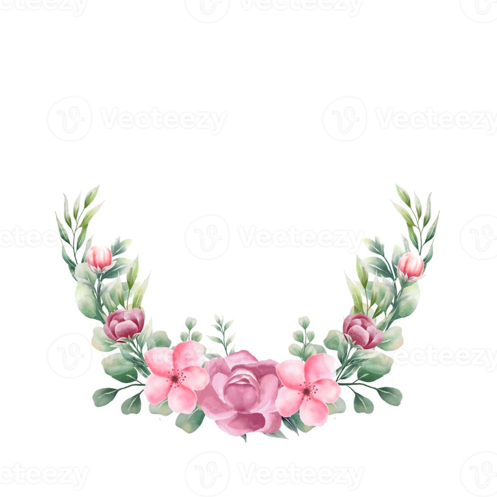 Watercolor pink flower wreath png