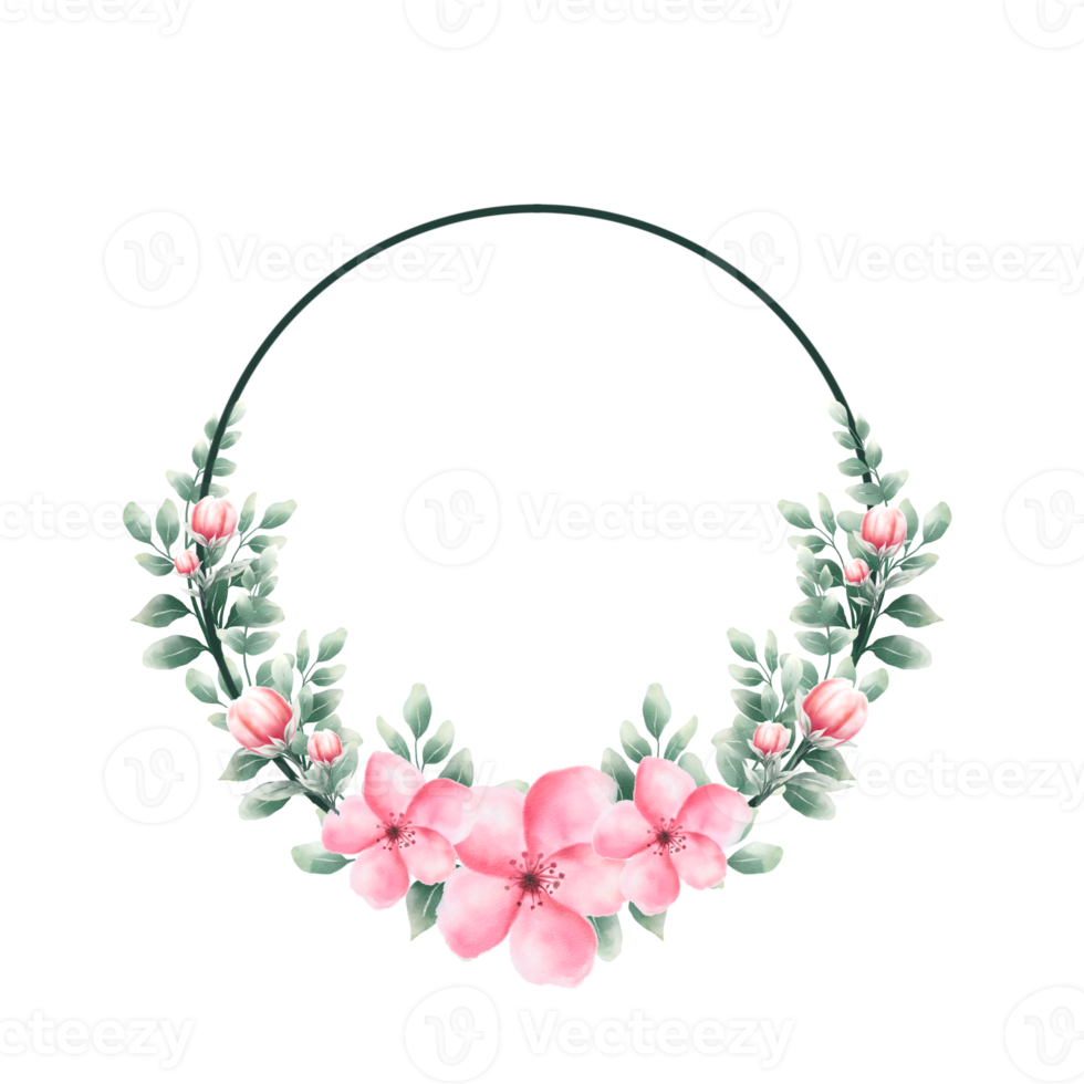Watercolor pink flower wreath png