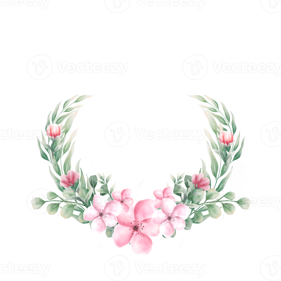 Watercolor pink flower wreath png