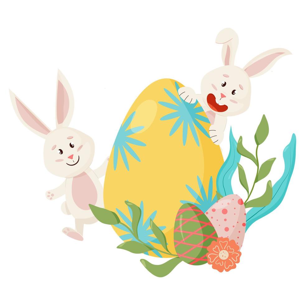 Bunnies Character. Peeks out from Eggs, Carrot. Funny, Happy Easter Rabbits with Floral, Flower. vector