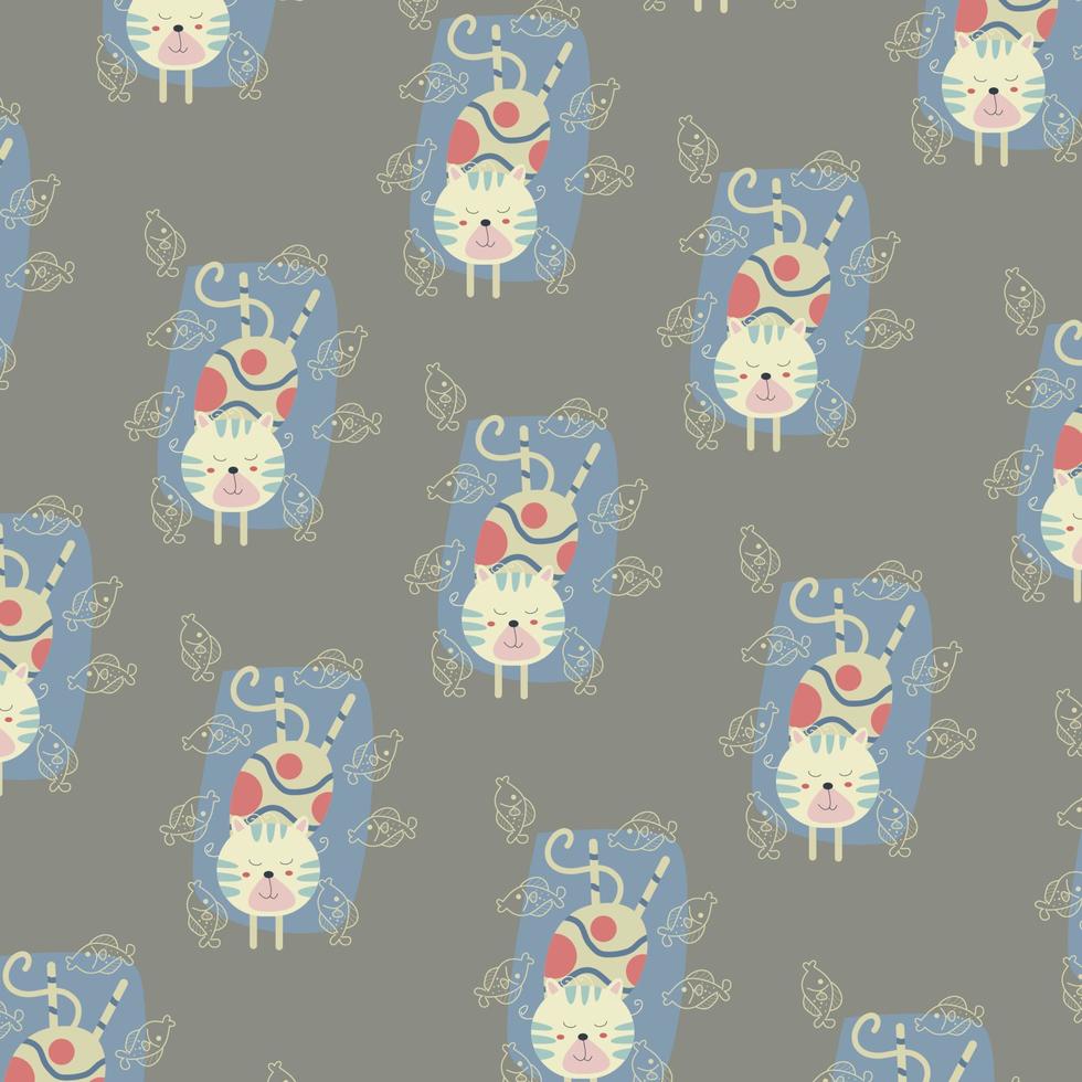 Cute cat and fish vector pattern, illustration on colored background.