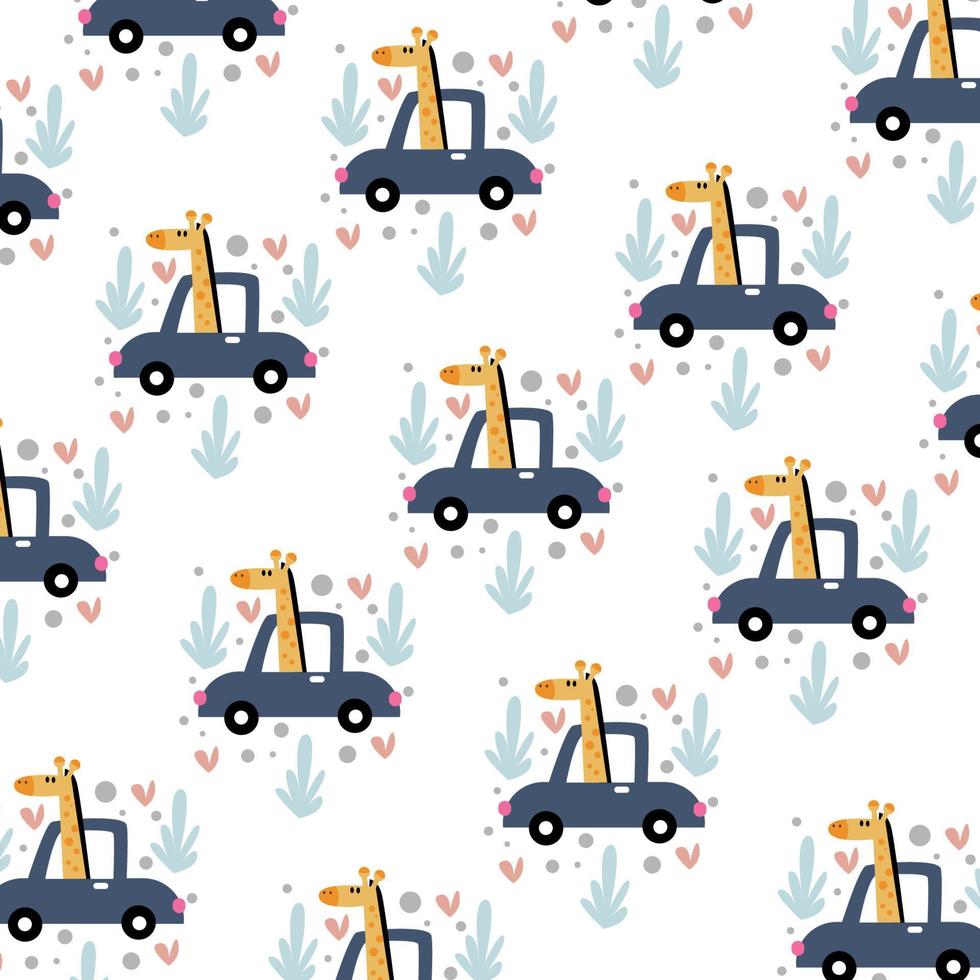 cute giraffe pattern riding on a car with happy spring theme. watercolor illustration vector