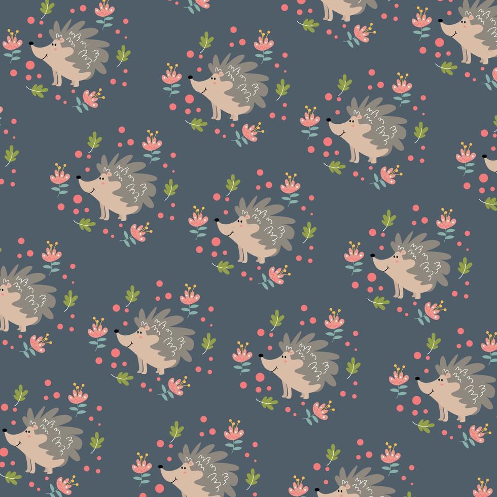 erizo, patrón de erizo rodeado de flores rosas y hojas verdes. bonita escena de verano. vector
