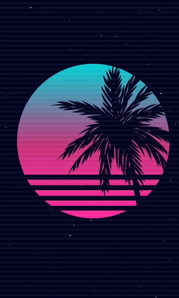 nueva obra de arte de onda retro con palmera, puesta de sol y estrellas vector