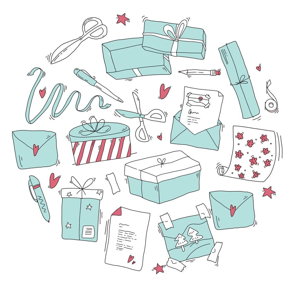 Set of hand drawn gift boxes and postcard. Vector flat illustration. Collection of ribbon, scissors, present boxes and wrapping paper. Festive objects with design elements for birthday, valentine day
