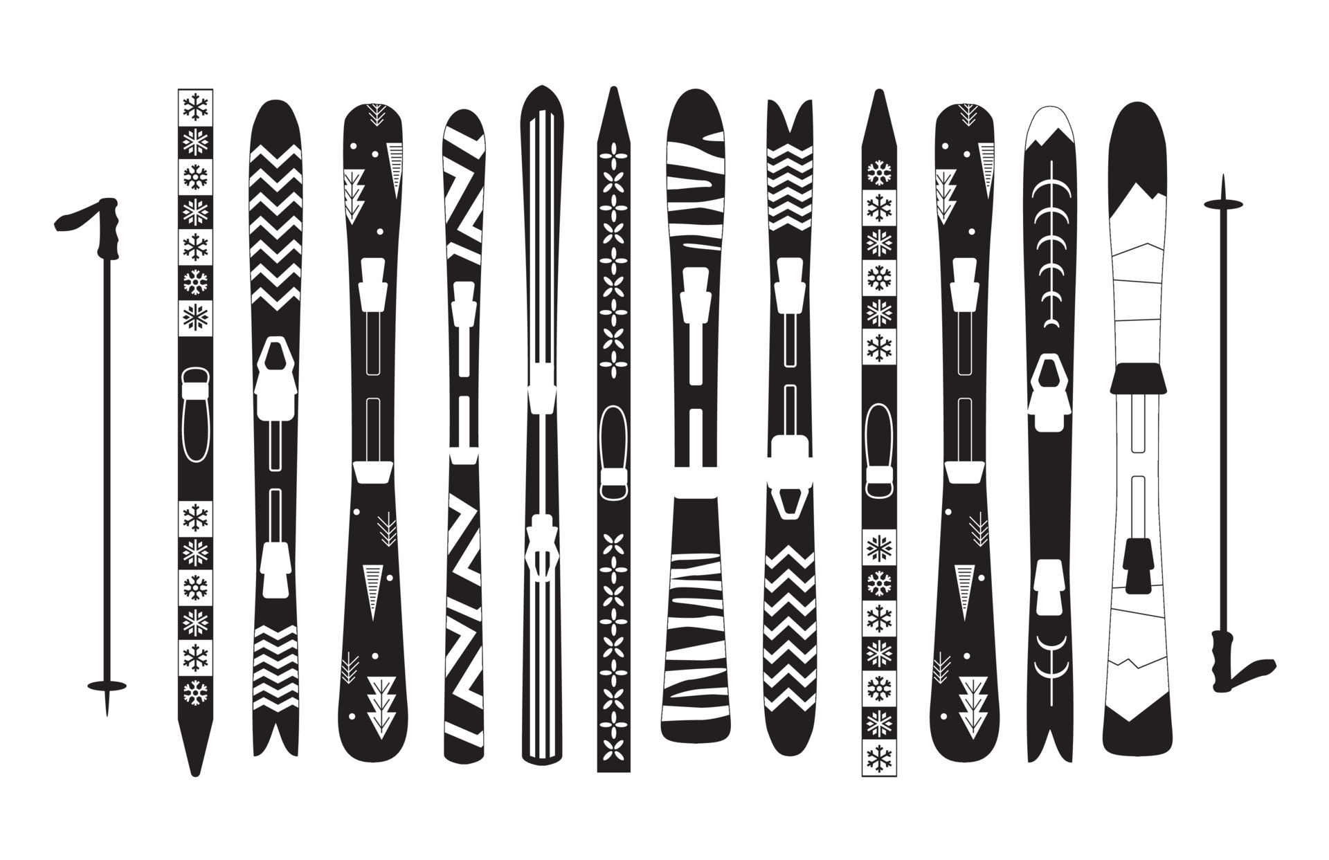 Ski set with pattern. different Ski design. type of ski. Black and