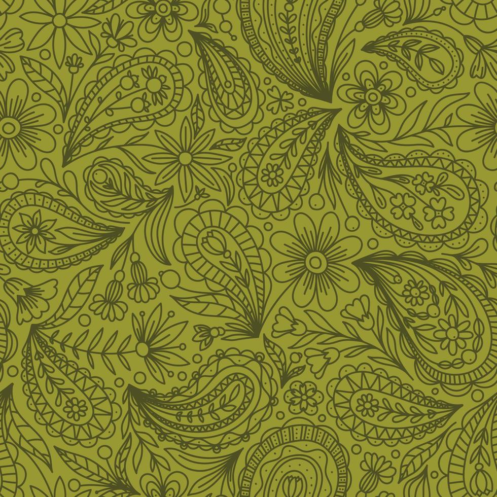 LIGHT OLIVE VECTOR SEAMLESS BACKGROUND WITH OLIVE PAISLEY CONTOUR PATTERN