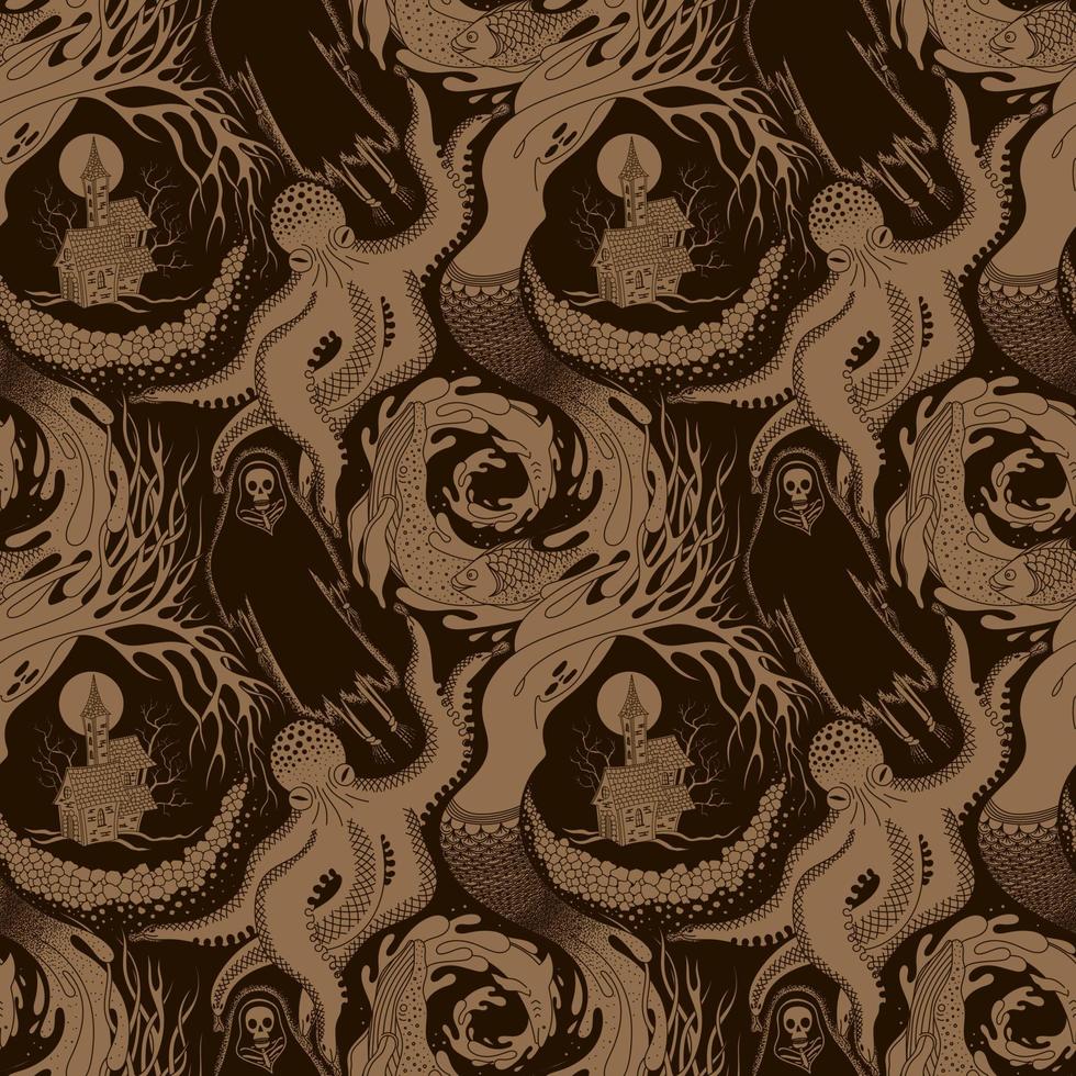 BEIGE AND BROWN VECTOR SEAMLESS PATTERN OF DIFFERENT PHANTASMAGORIC SCARY CREATURES OF THE ANIMAL AND AQUATIC WORLD