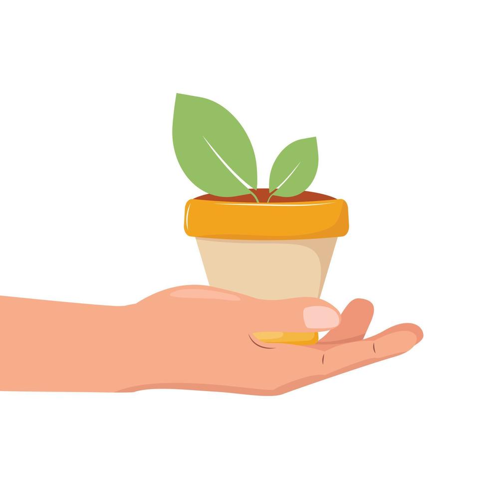 Hand with a plant pot and green little leaf shoots. Health care, agriculture, grow food, gardening, ecology, environmental care concept illustration. vector