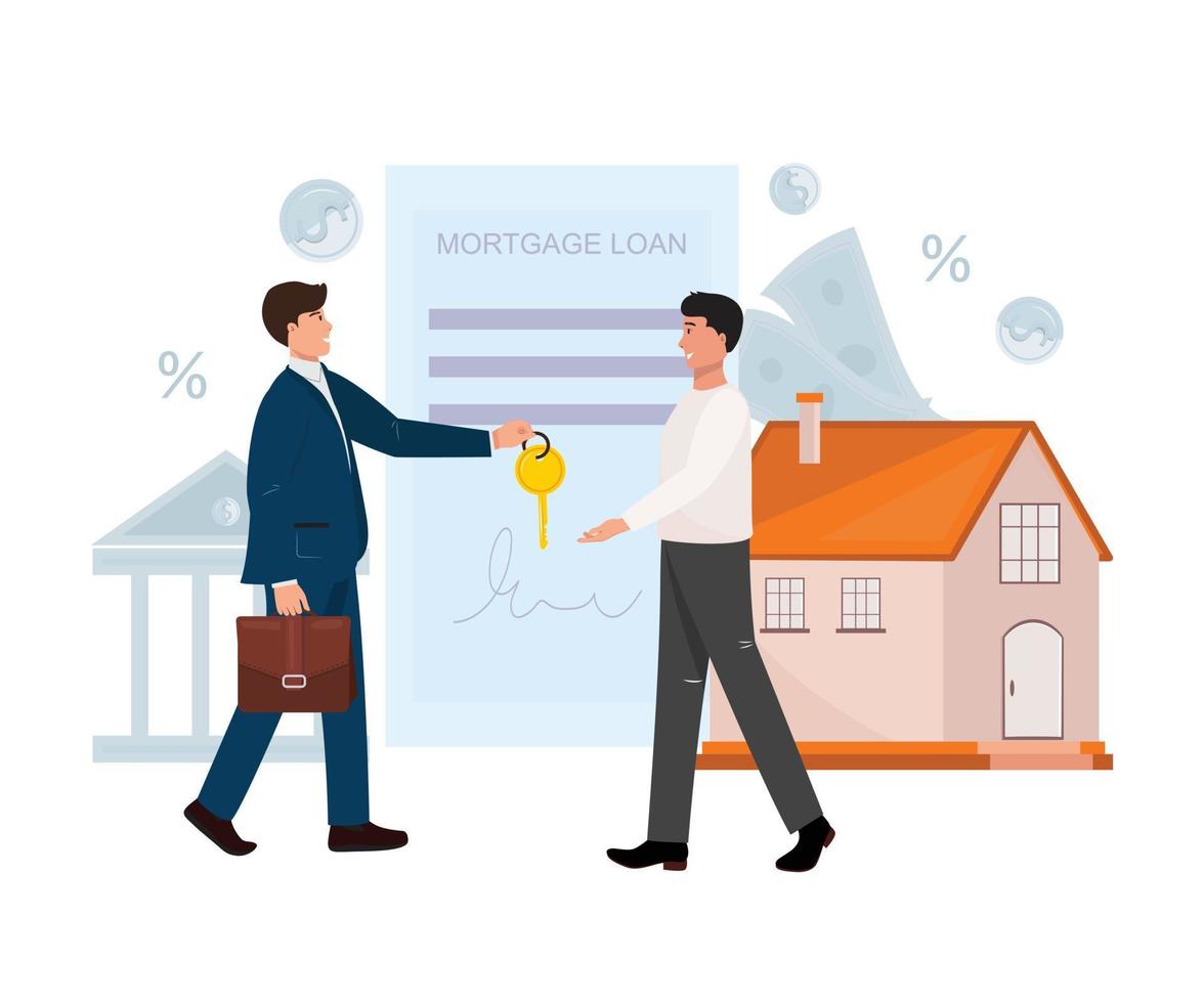 Mortgage loan concept illustration with two men. Estate agent giving a house key. Signing mortgage loan contract. Bank loan, credit agreement, mortgage loan, finance flat cartoon illustration. vector