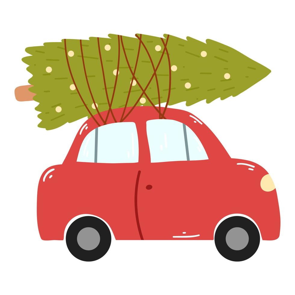 Retro red car with Christmas tree in cartoon flat style. Hand drawn vector illustration for print, card, poster, flyer