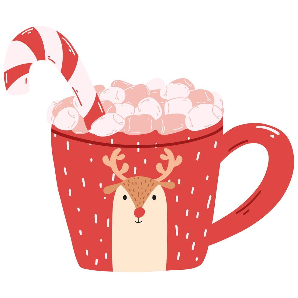 Cute mug with marshmallows and candy cane in cartoon style. Hand drawn vector illustration of red cup with Christmas tree, hot drink.