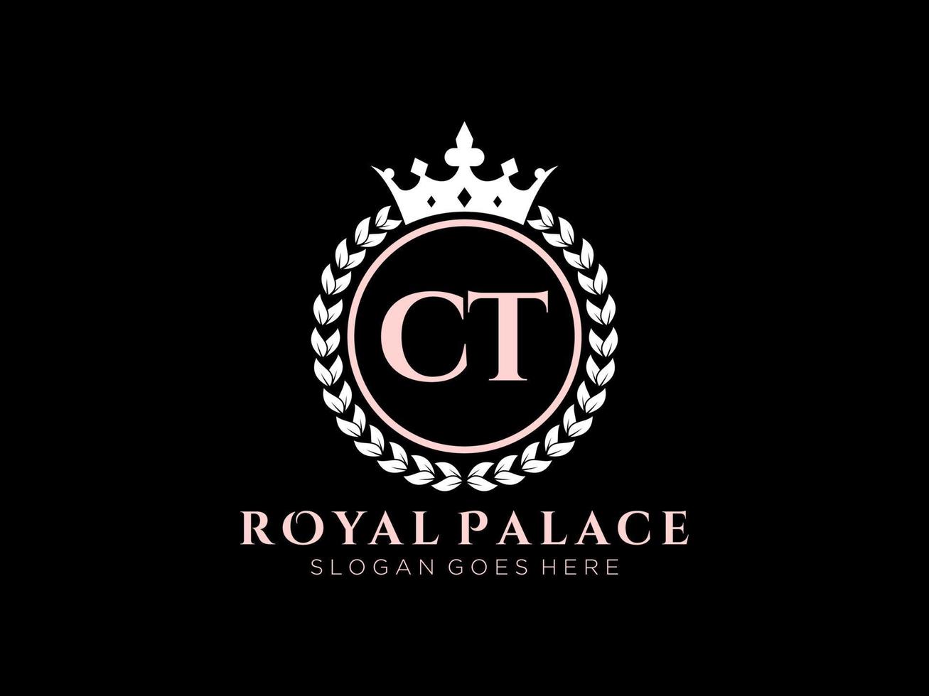 Letter CT Antique royal luxury victorian logo with ornamental frame. vector