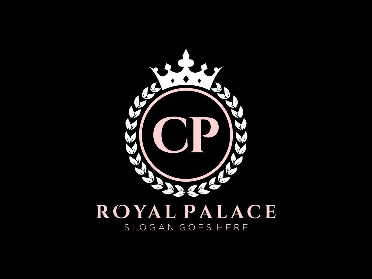 Letter CP Antique royal luxury victorian logo with ornamental frame. vector