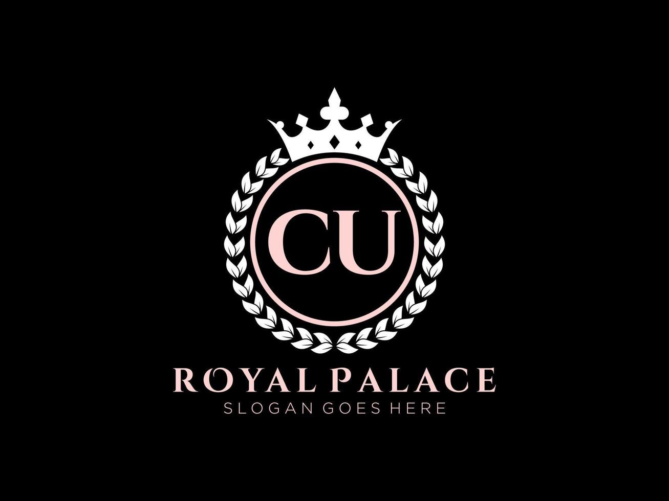 Letter CU Antique royal luxury victorian logo with ornamental frame. vector