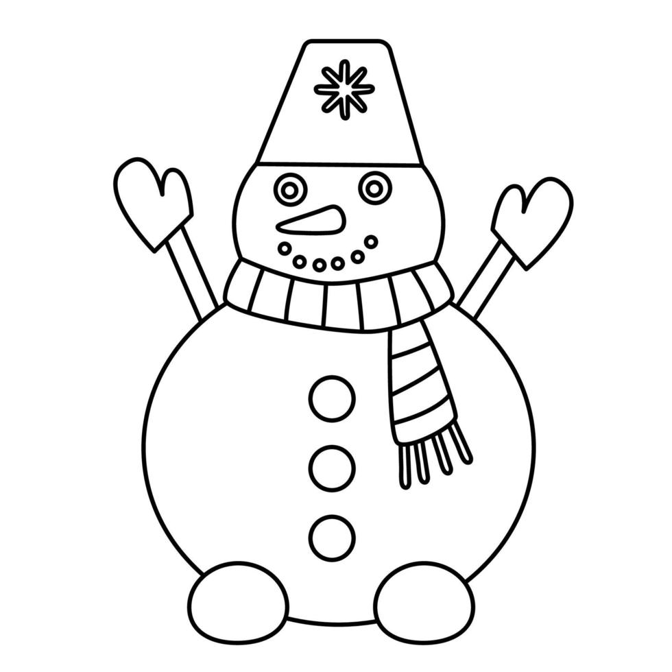 feliz muñeco de nieve doodle ilustración dibujada a mano aislada en blanco. contorno negro ideal para año nuevo, diseño navideño y libros para colorear. vector