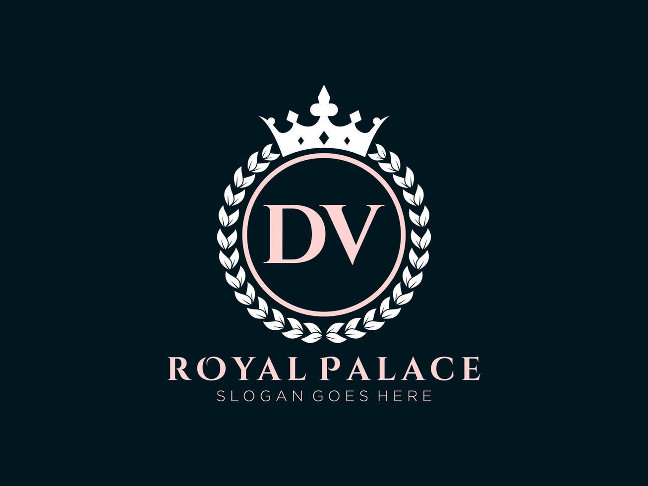 Letter DV Antique royal luxury victorian logo with ornamental frame. vector