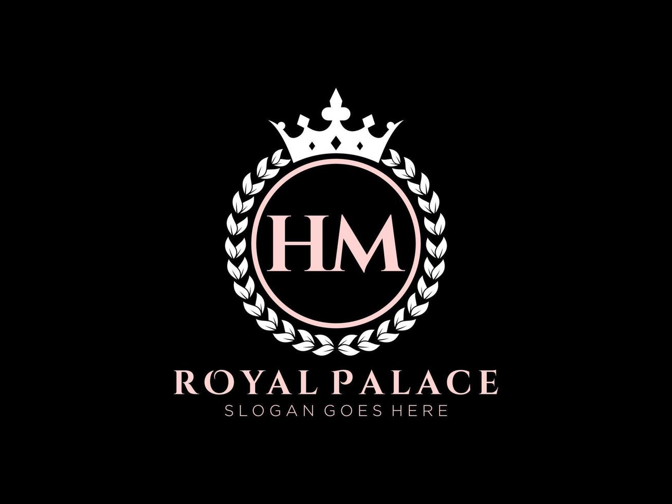 Letter HM Antique royal luxury victorian logo with ornamental frame. vector