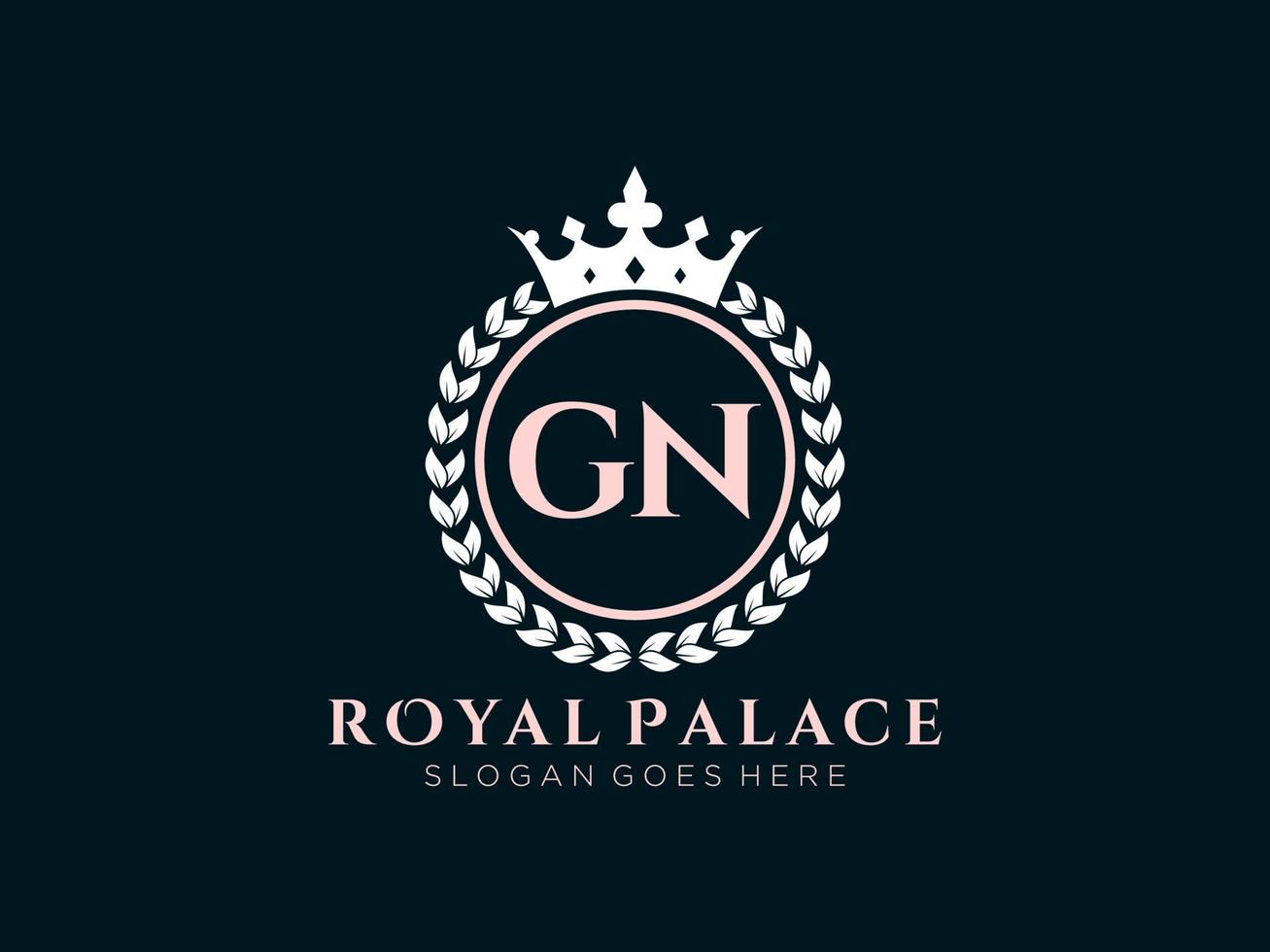 Letter GN Antique royal luxury victorian logo with ornamental frame. vector