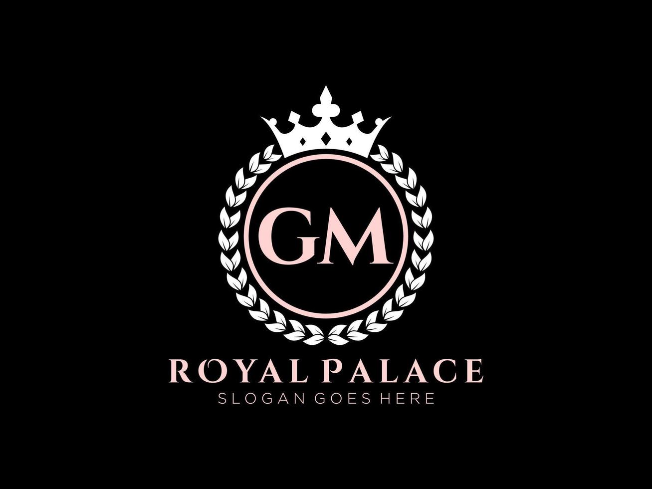 Letter GM Antique royal luxury victorian logo with ornamental frame. vector