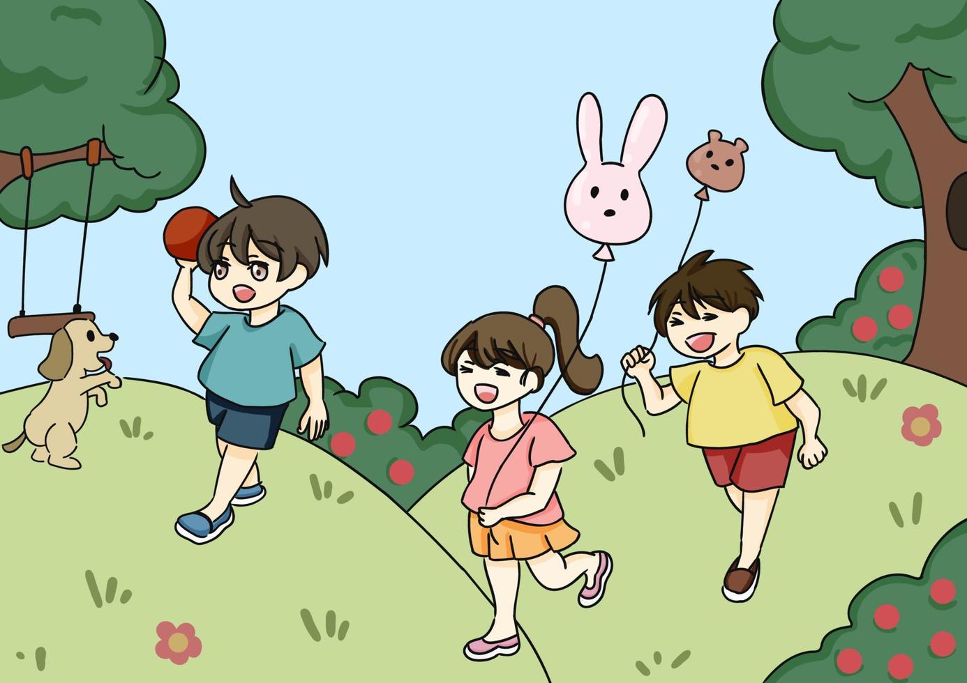 hand draw children illustration with children playing outdoors with balloons and dogs vector