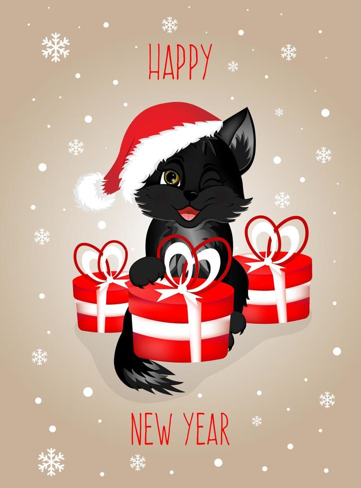 postal de saludo. feliz año nuevo y feliz navidad con gato negro y cajas de regalos rojas. vector