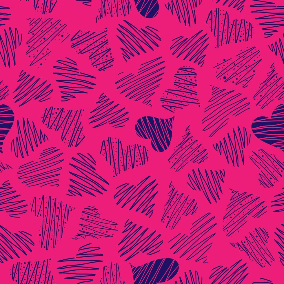 Seamless pattern with hand drawn pink hearts on the pink background. vector