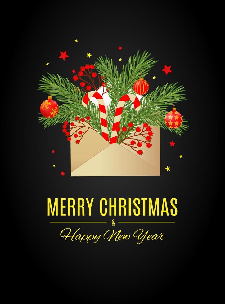 New year postcard with Christmas tree and balls in envelope. vector