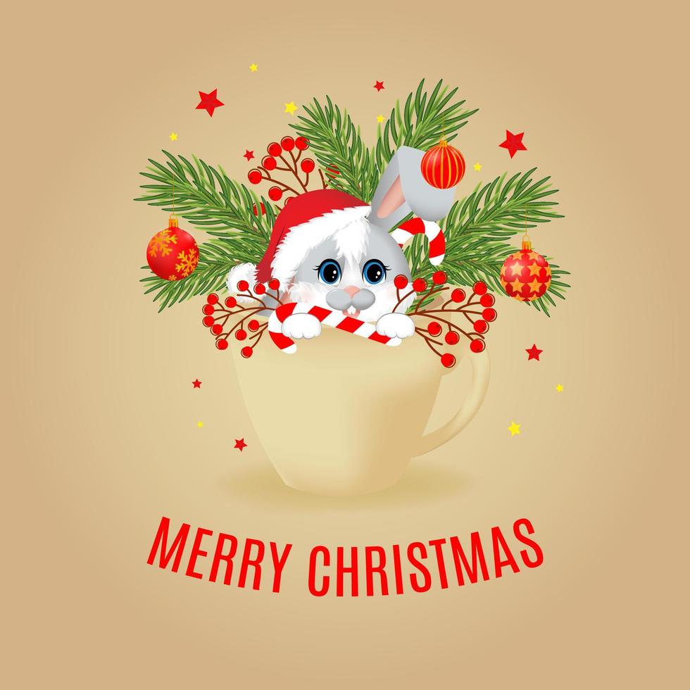 Postcard with rabbit or hare, Christmas tree and balls in cup. vector