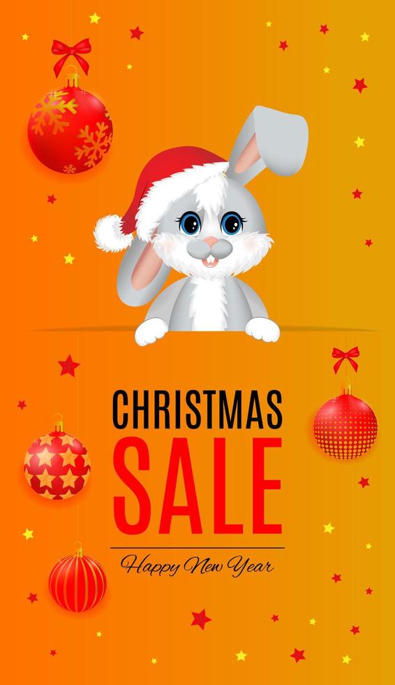 banner de venta con conejo o liebre, bola de navidad y lazo en colores naranja y rojo. vector