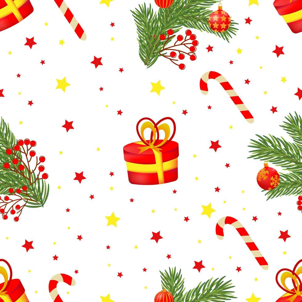 Seamless pattern with red christmas tree, gifts on white background. vector