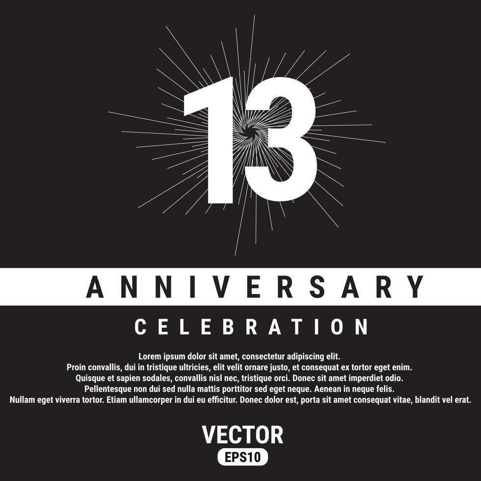 Plantilla de celebración de aniversario de 13 años sobre fondo negro. ilustración vectorial eps10. vector