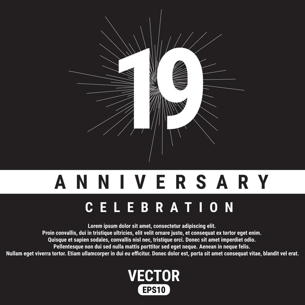 19 Years Anniversary Celebration Template On Black Background. Eps10 Vector illustration.