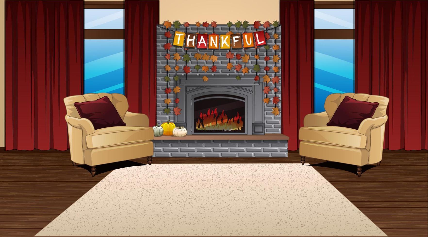 Thanksgiving Theme Background Scene with Living Room Fireplace, Windows, Armchairs and Fall Decorations. Vector Illustration