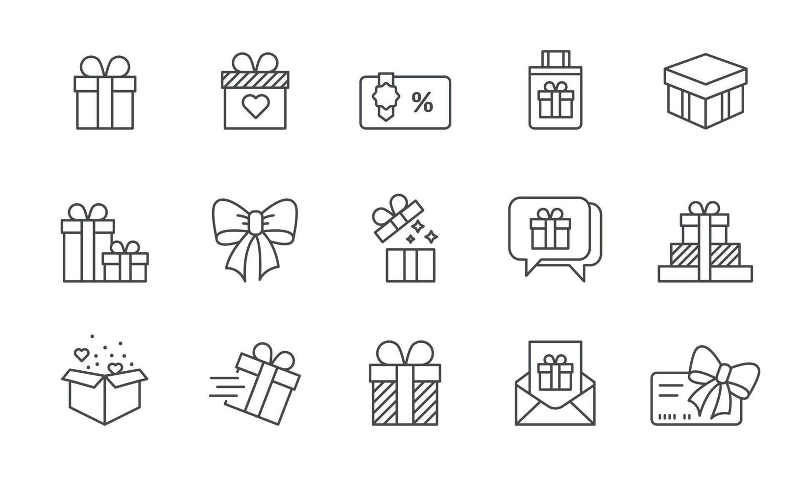 conjunto de iconos de línea de regalos. tarjeta de regalo, oferta actual, cinta, símbolos de arco. ilustración vectorial trazo editable vector