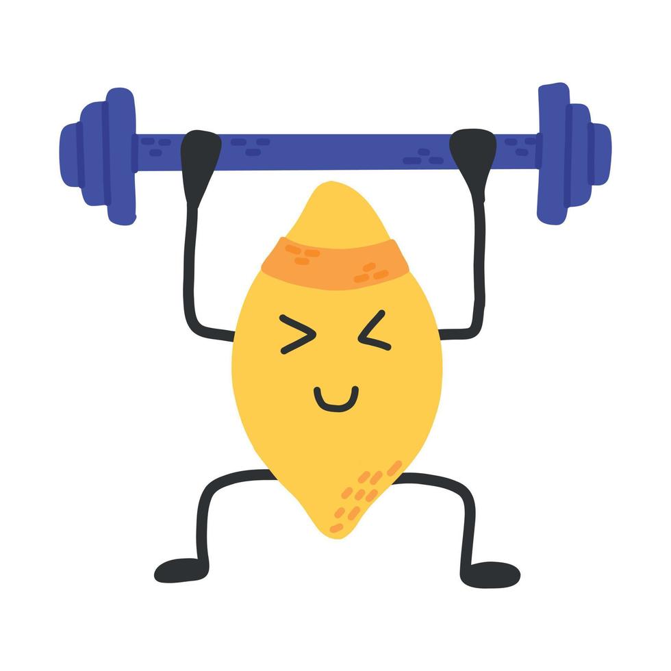 Cute lemon with dumbbells. Sports, hobbies, exercise. Lemon character. Vector lemon in kawaii style. Sports healthy lemon. The concept of doing sports.